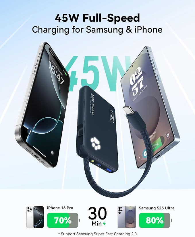 INIU Portable Charger, Slim 10000mAh Power Bank with Built-in USB-C, 45W Fast Charging Flight Travel Essentials, for College Students Men Women Girl Boy - Image 2