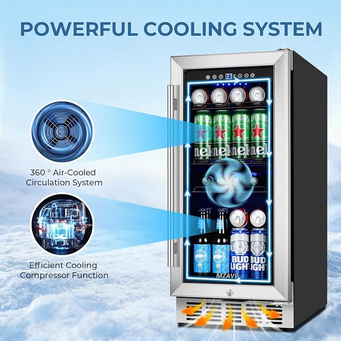 15 Inch Beverage Refrigerator Under Counter, 130 Cans Beverage Fridge Built-in or Freestanding, 15" Drink Cooler with Glass Door, Blue LED Light, Safety Lock - for Home/Kitchen(3.1 cu.ft) - Image 3