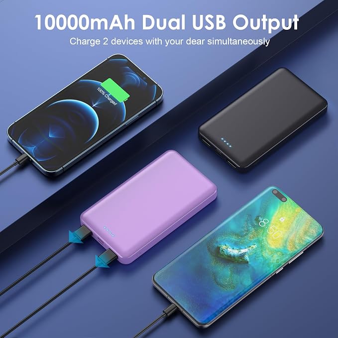 [2 Pack] Portable Charger Power Bank 10000mAh,Ultra Slim Compact External Battery Pack with USB C Input & Dual USB Outputs Backup Charger Compatible with iPhone 14,13, Samsung S20,Tablet-Black+Purple - Image 3