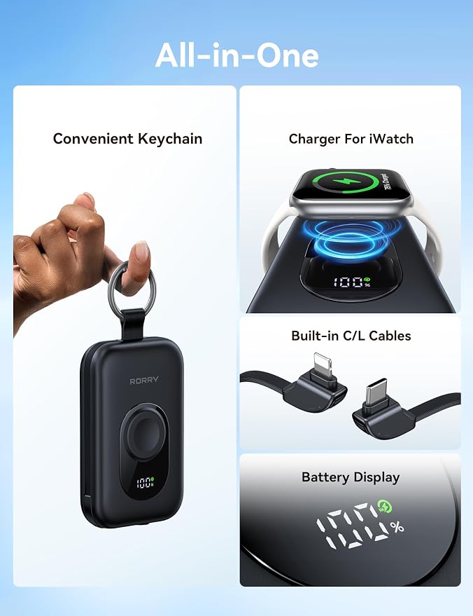 RORRY Portable Charger, 20000mAh PD 30W Portable Charger Power Bank with 2 Built-in Cables, Super Fast Charging Battery Pack with Keychain, Travel Essentials for iPhone, Apple Watch, iPad, White - Image 2