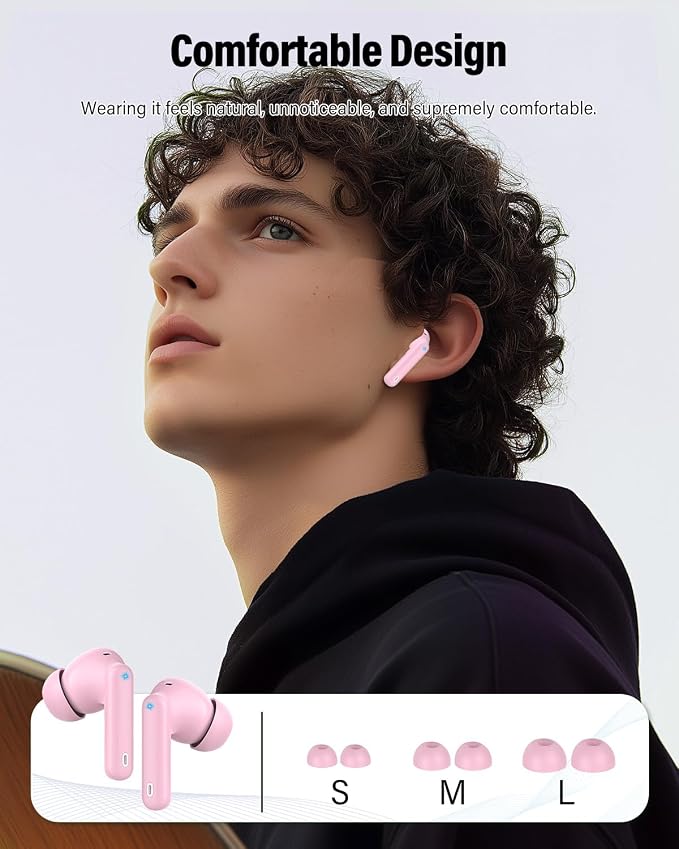 Wireless Earbuds, Bluetooth 5.4 Headphones Bass Stereo/Clear Calls, Pink | Ear Buds with Noise Cancelling Mic LED Display in Ear Earphones IP7 Waterproof 36H Bluetooth Earbuds for Phones/Sport/Laptop - Image 6