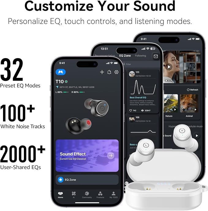 TOZO T10 Wireless Earbuds Powerful Bass Stereo Wireless Charging, APP, IPX8 | Waterproof, 55H Playtime, Ergonomic Design In Ear buds, App Customize EQ, Bluetooth 5.3 Headphones for Work, Travel, White - Image 6