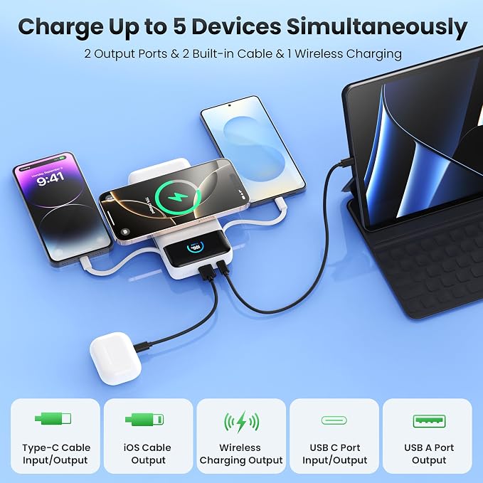 YHO Wireless Portable Charger 40800mAh for iPhone with Built-in Cables, 15W Wireless Charging USB C Power Bank,25W PD Fast Charging Travel Essential Battery Pack for iPhone 17/16/15,Android-White - Image 7
