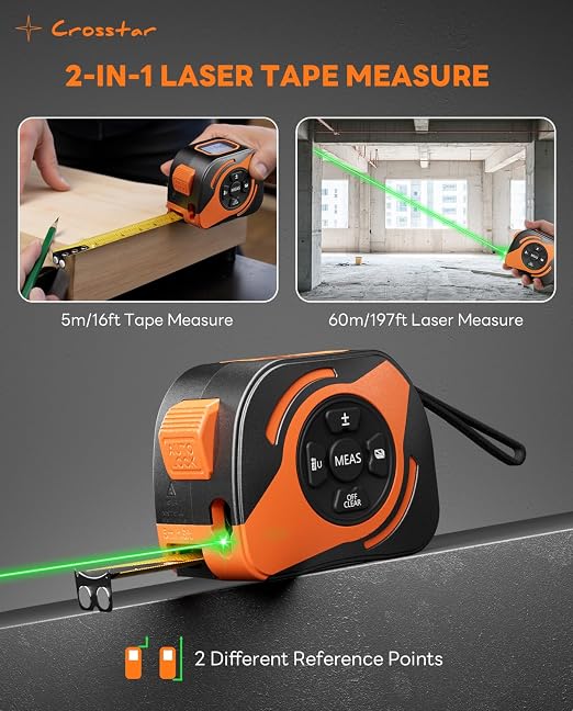 Crosstar 2-in-1 Laser Tape Measure 197ft, 532nm Green Beam, 16ft Manual Tape - Image 3