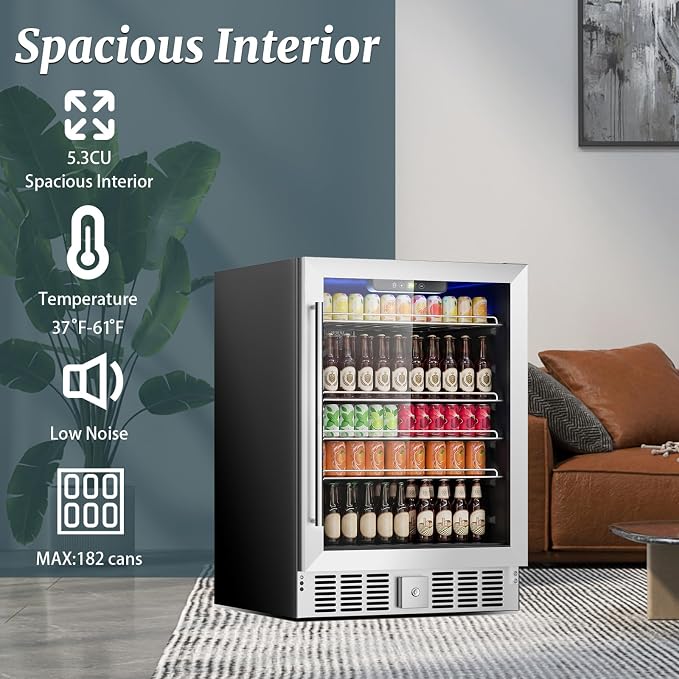 DOGHLY 24 Inch Beverage Refrigerator, 182 Cans Drink Fridge with Glass Door | Built-in Cooler for Soda Wine Beer, Advanced Cooling, Safety Lock, Freestanding Beverage Fridge for Kitchen Bar Office - Image 4