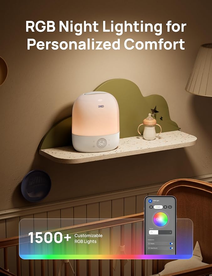 DREO Humidifiers for Bedroom - 30H Max Runtime & RGB Night Light & Sleep Trainer, Ultra Quiet 28dB Cool Mist Humidifier, Top Fill Smart Air Humidifier for Plants, Perfect for Baby & Nursery, HM409S - Image 8