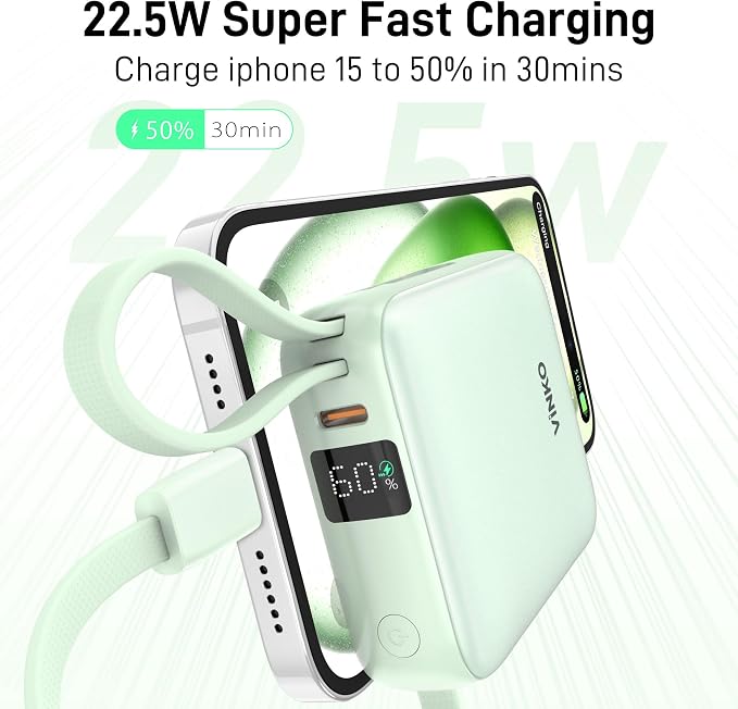 VINKO Small Portable Charger, 22.5W Fast Charging Mini Power Bank 10000mAh with Built-in Cables LED Display, Travel Essential USB-C Battery Pack Compatible with iPhone,Samsung,Android (Green) - Image 3