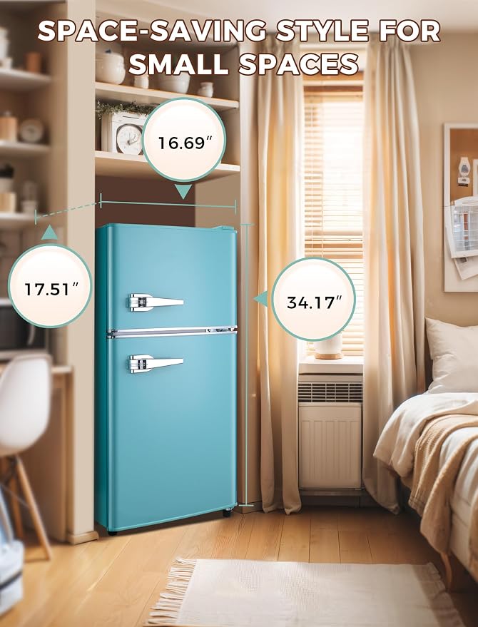 Anypro 3.2 Cu.Ft Refrigerator, Retro Double Door Fridge with Freezer, 7 Adjustable Temperature Settings, Removable Glass Shelves for Dorm, Office, Bedroom, Apartment, Blue - Image 6