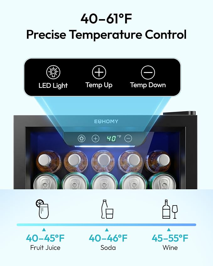 EUHOMY 48 Can Beverage Refrigerator cooler-Mini Fridge Glass Door for Beer Drinks Wines, Countertop Beverage Fridge with Adjustable Shelves Blue LED for Home/Office/Dorm/Bar, 1.3 cu.ft - Image 4
