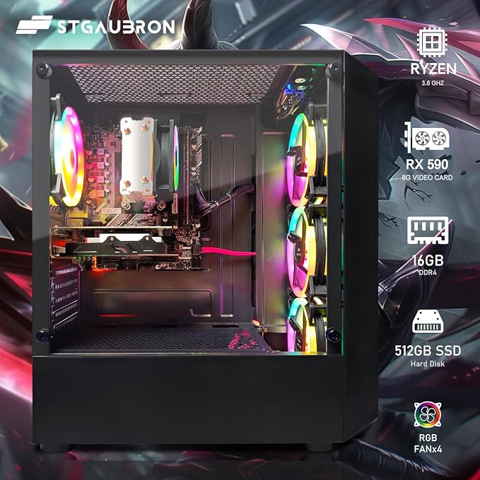 STGAubron Gaming PC Desktop,R3 3200G,RX 590 8G,16G DDR4,512G SSD | Gaming Computer Tower for Streaming,Video Editing,Home,School,R3 up to 3.6GHz,ARGB Fan,WiFi,BT 5.0,4K DP,HDMI,Win11 Home - Image 4
