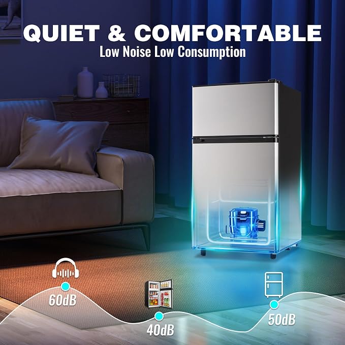 3.5 Cu.Ft Compact Refrigerator Silver, Dual-Door MIni Fridge for Home | 2 Removable Glass Shelves, Large Capacity with 7 Settings, Low Consumption for Dorm Apartment - Image 7