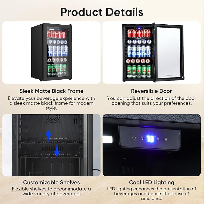 120 Cans Beverage Refrigerator Freestanding, Small Beverage Cooler with Glass Door, Mini Drink Fridge for Beer Soda, 3.0 Cu.Ft for Office, Home, Bar, White LED Light & Reversible Door - Black - Image 6