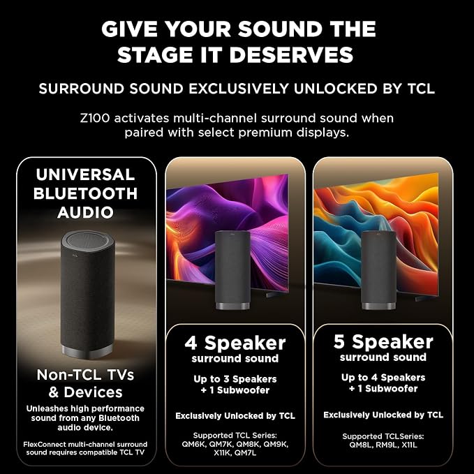 TCL Z100 Wireless Immersive 3D Home Theater Speaker QM6K, QM7K, QM8K, QM9K & X11L | Dolby Atmos Smart Auto Calibration | Flexible Placement & Modern Design | Latest Model - Image 2