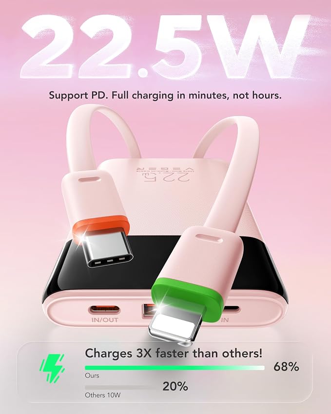 VEGER Portable Charger, Ultra Slim 22.5W Fast Charging with Built in Cable, Flight-Safe 10000mAh USB C Power Bank Battery Pack, Travel Essential Phone Powerbank for iPhone 17 16 Samsung S25 Google etc - Image 3