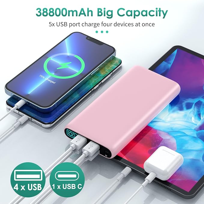 Portable Charger 38800mAh,LCD Display Power Bank,5 USB Outputs Battery Pack Backup, USB-C 3A in&out Travel Essential Portable Phone Charger For iPhone 17/16/15/14/13 Pro/12,Android Samsung Galaxy-Pink - Image 4