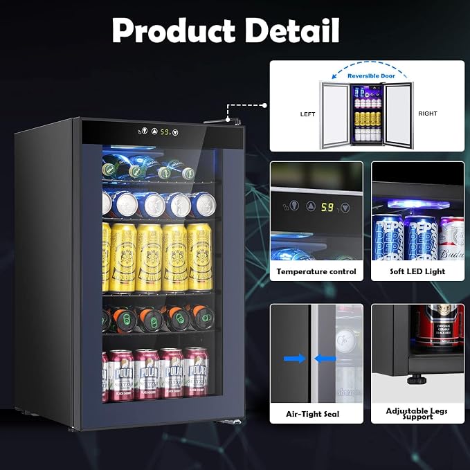 COWSAR Mini Fridge Cooler, 95 Can Beverage Refrigerator with Glass Door, ETL Approved Wine Fridge with Digital Temperature Control, LED Light for Home, Office, Bar, and Game Room - 2.6 Cu.Ft. Black - Image 3