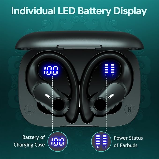 Active Noise Cancelling Ear Buds Wireless Earbuds 80H Playtime Bluetooth Headphones with LED Display Case, Hi-Res Audio Clear Calls Earphones with Over Ear Hooks for Running Gym Workout Travel Black - Image 6