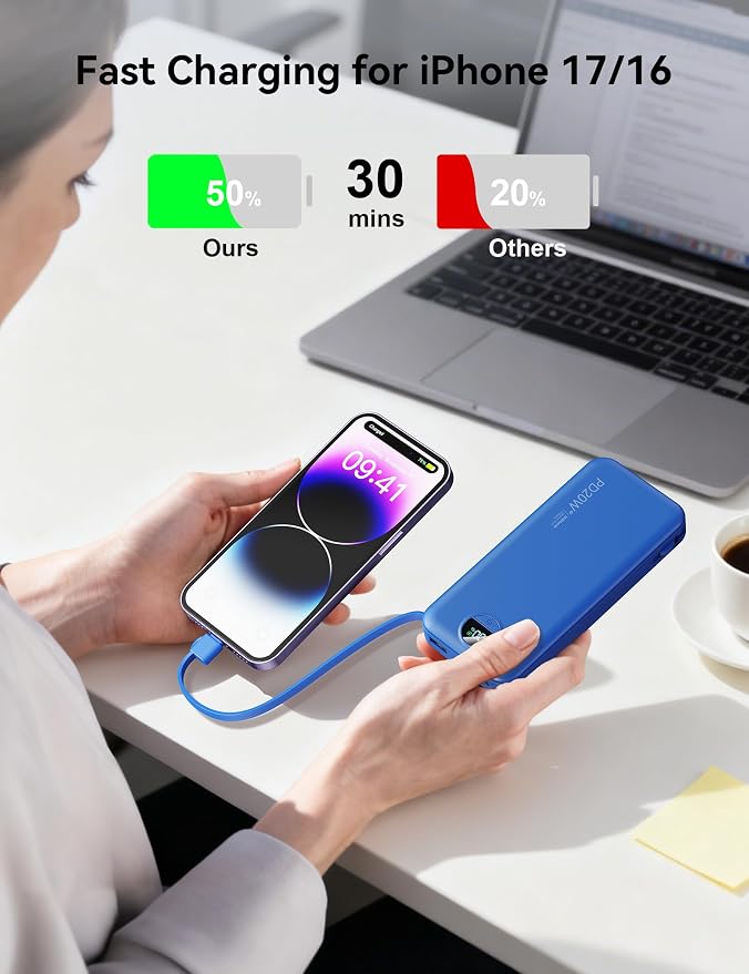 10000mAh Ultra-Portable-Charger-Power-Bank with Built in Cables&AC Wall Plug, PD20W USB-C Fast Charging Cell Phone Charger Battery Pack,LED Display Travel Battery Bank for All iPhone,Samsung,Android - Image 3