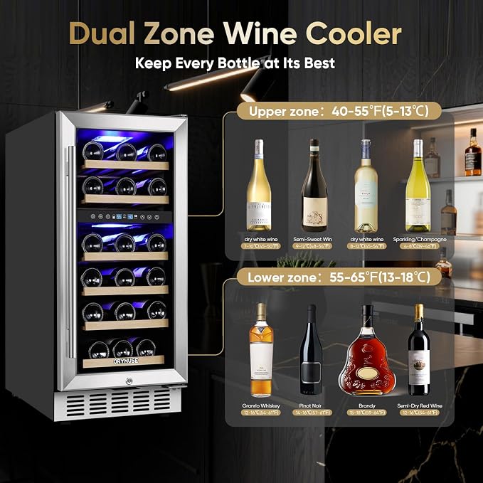 15 Inch Wine Cooler Under Counter, 30 Bottle Dual Zone Wine Fridge with Stainless Steel Glass Door, Built-In or Freestanding Wine Cellar with Digital Temperature Control for Home, Kitchen, or Office - Image 2