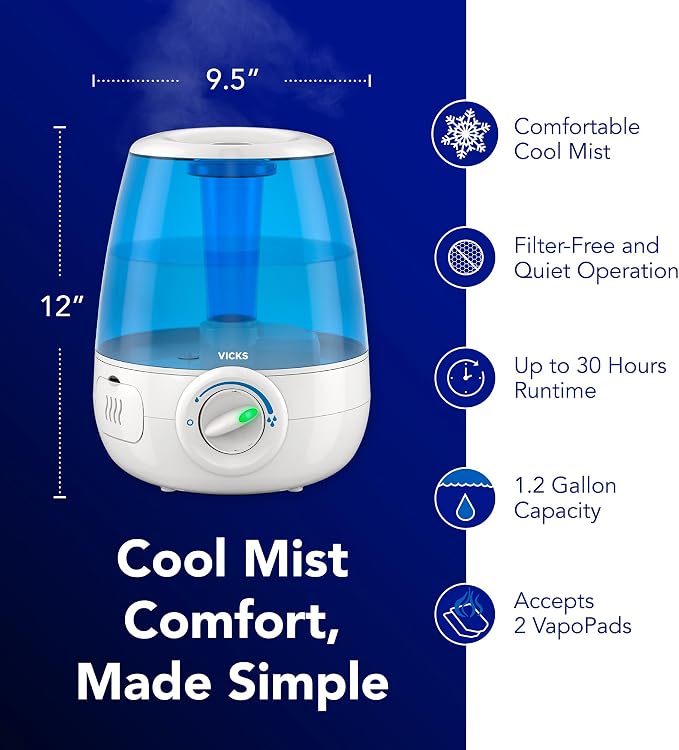 Vicks Filter-Free Ultrasonic Humidifier, Recommended by Pediatricians, 1.2 Gal Ultrasonic Cool Mist Humidifiers for Bedrooms & Kids Rooms, Works with Vicks VapoPads - Image 2