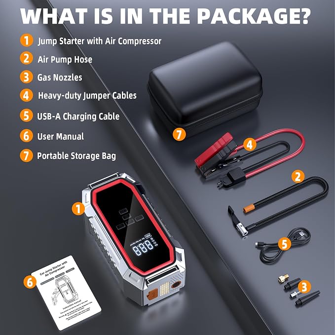 Jump Starter with Air Compressor, 5000A Peak Car Battery Jump Starter(9.0 Gas/8.0L Diesel), 160PSI 12V Jump Box Car Battery Jumper Starter Portable with Smart Jumper Cables, LED Lights, LCD Display - Image 8