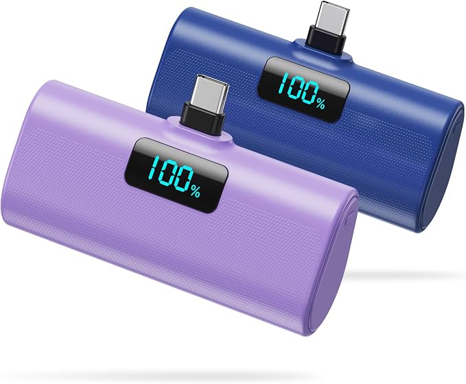 [2-Pack]Small Portable Charger 5200mAh, Upgraded PD USB C Power Bank Built-in USB-C Connector,LCD Display Battery Pack Compatible with iPhone 15/15 Plus/15 Pro/15 Pro Max/Samsung Android(Blue+Purple) by HETP