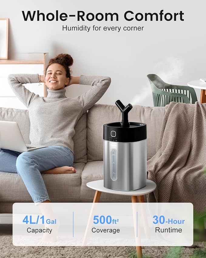 Feekaa Stainless Steel Humidifier Dishwasher Safe, 4L/1Gal Cool Mist Humidifiers for Bedroom, Easy Clean Humidifier Large Room, Humidifiers for Baby Nursery Living Room Office Plant, Black - Image 3