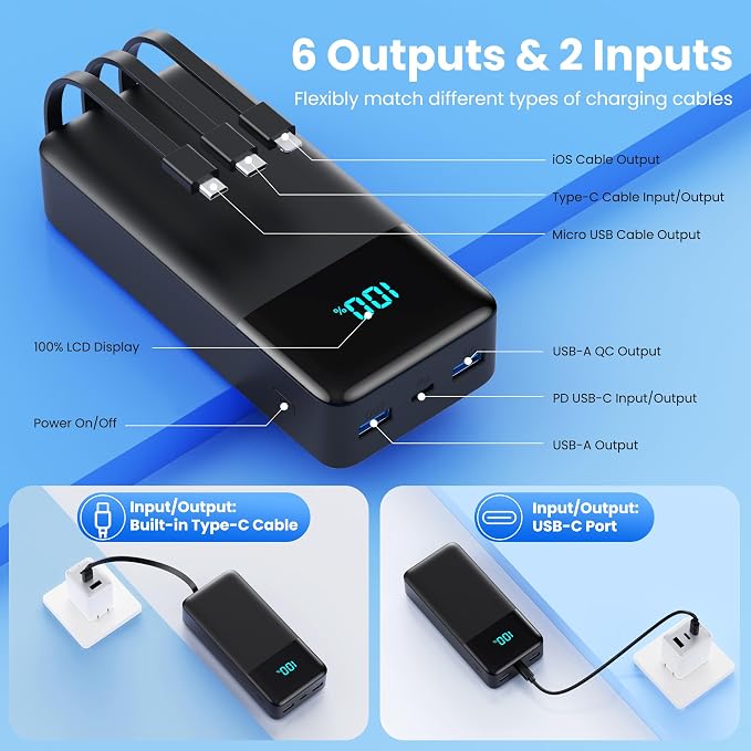 Portable Charger 60800mAh Power Bank with 3 Built in Cables,25W PD QC4.0 Fast Charging USB C Battery Pack,6 Outputs 2 Inputs LCD Display Portable Phone Charger for iPhone 16/15/14/13,Google,Android - Image 5