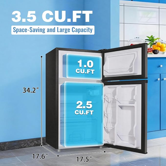 3.5 Cu.Ft Compact Refrigerator Gray, Dual-Door MIni Fridge for Home | 2 Removable Glass Shelves, Large Capacity with 7 Settings, Low Consumption for Dorm Apartment - Image 8