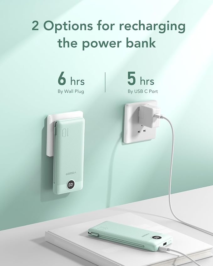 VEGER Portable Charger with Built-in AC Plug and Cables, All in One 10000mAh Ultra Slim Power Bank Travel Essentials, Fast Charging Battery Pack Compatible with iPhone, Samsung, Android (Green) - Image 5