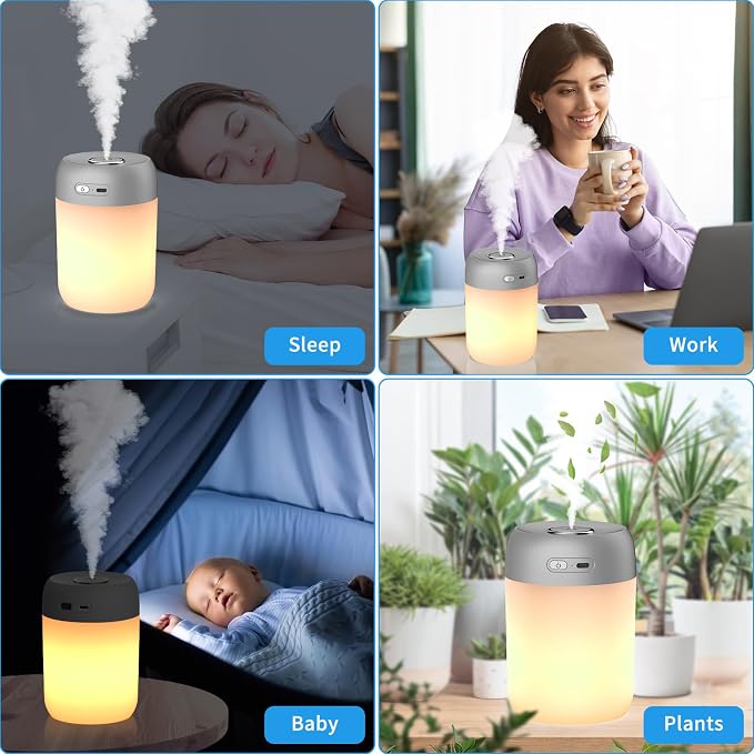 Night Lights Humidifiers For Bedroom, USB Rechargeable, LED Lights For Bedroom,4 Mode Portable Humidifier Fit For Various Scenarios,<28dB, Auto Shut-off, Ideal For Home Travel Plants(Gray） - Image 6