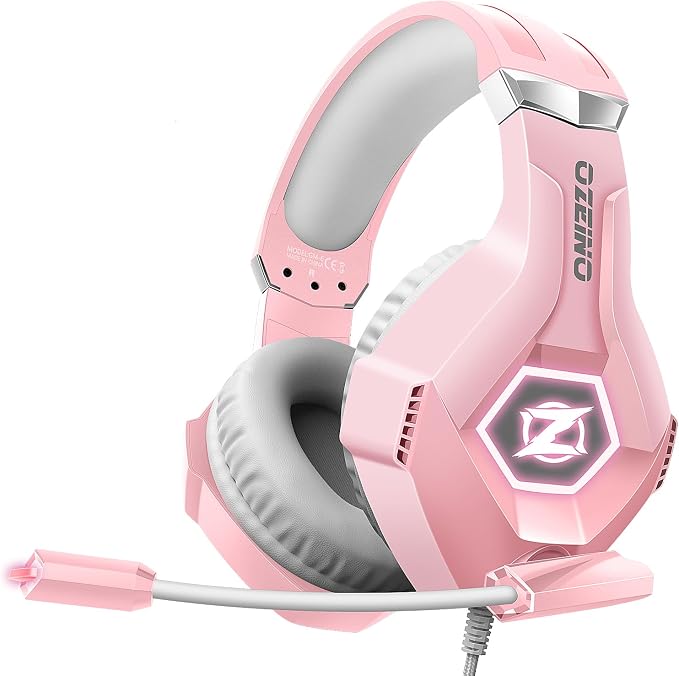 Ozeino Gaming Headset for PC, Ps4, Ps5, Xbox Headset with 7.1 Surround Sound, Gaming Headphones with Noise Cancelling Mic RGB Light Over Ear Headphones for Xbox Series X/S, Switch-Pink by Ozeino