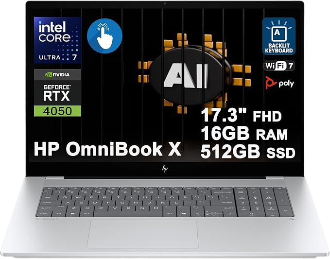 HP OmniBook X AI Laptop 17.3" FHD Touch Intel 8-core Ultra 7 256V 47 AI Tops 16GB RAM 512GB SSD GeForce RTX 4050 Thunderbolt Backlit Wi-Fi7 for Creator Designer Business Professional Win11 ICP Hub by HP
