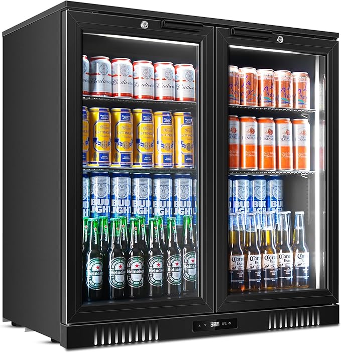Back Bar Cooler 2 Door 216 Can Black | built-in/free, fast cool, temp memory, 2 locks, LED, low-e glass by TYLZA
