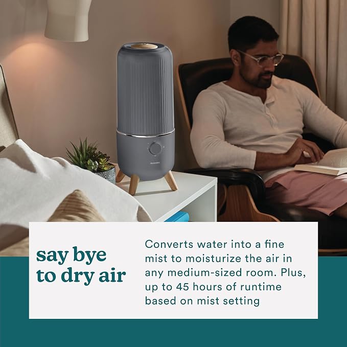 Homedics Ultrasonic Humidifier, Bedrooms and Home Offices, 0.97-Gallon Tank, 45-Hour Runtime, Visible Ultra-Quiet Cool Mist, Aromatherapy, Demineralization Cartridge, Night-Light, Auto-Off, Platinum - Image 4