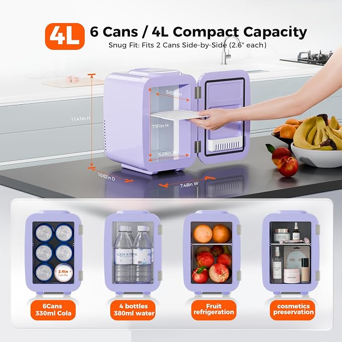 OSTBA Mini Fridge, 4 Liter/6 Can Mini Makeup Fridge, 110V AC/ 12V DC Portable Thermoelectric Cooler&Warmer for Skincare, Drink, Cosmetic, Medicine, Small fridge for Bedroom, Office, Dorm, Car, Purple - Image 5