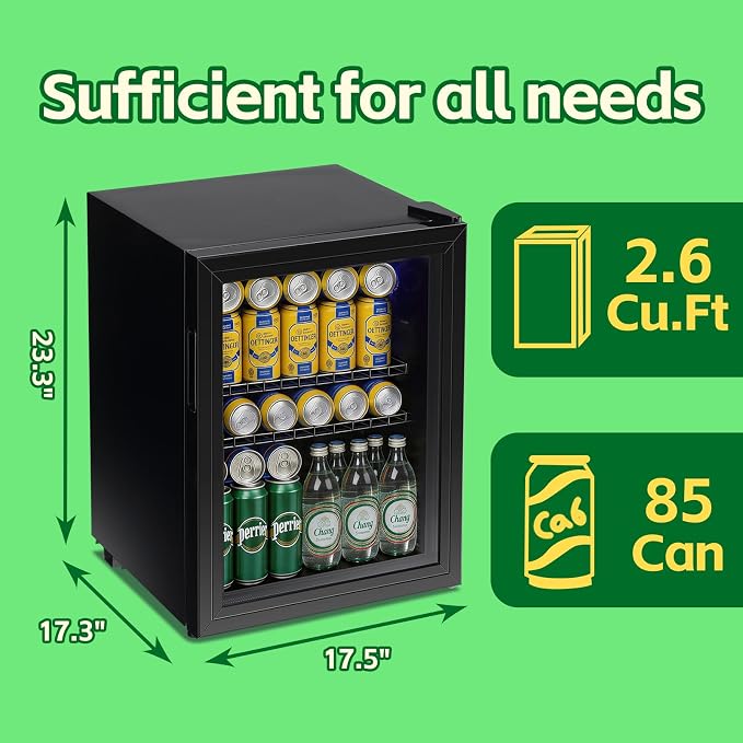 Beverage Refrigerator Cooler 2.6 Cu.Ft 85 Can Mini Small Fridge Black | Large Capacity with Glass Door, LED Light & Adjustable Shelves for Soda Beer Wine, Perfect for Home Bar Office - Image 3