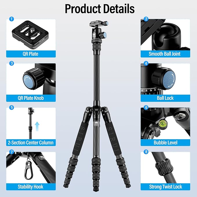 Sirui Compact Traveler 5C Tripod 54.3 inches Lightweight Carbon Fiber Travel - Image 2