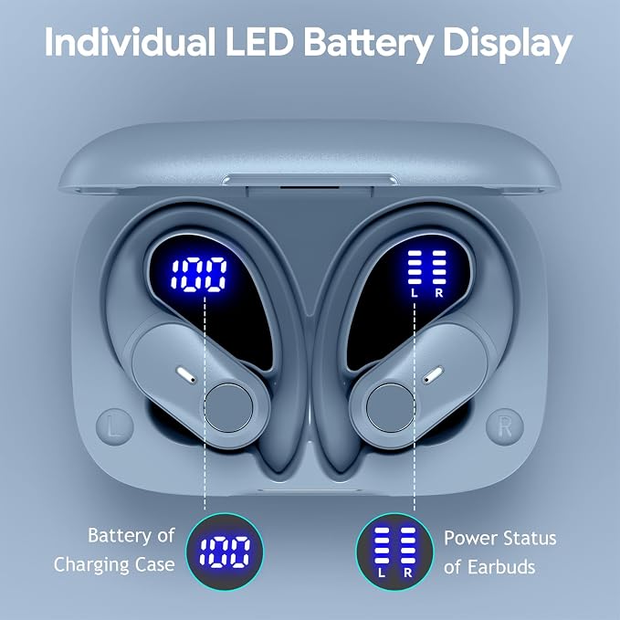 Active Noise Cancelling Ear Buds Wireless Earbuds 80H Playtime Bluetooth Headphones with LED Display Case, Hi-Res Audio Clear Calls Earphones with Over Ear Hooks for Running Gym Workout Sierra Blue - Image 6