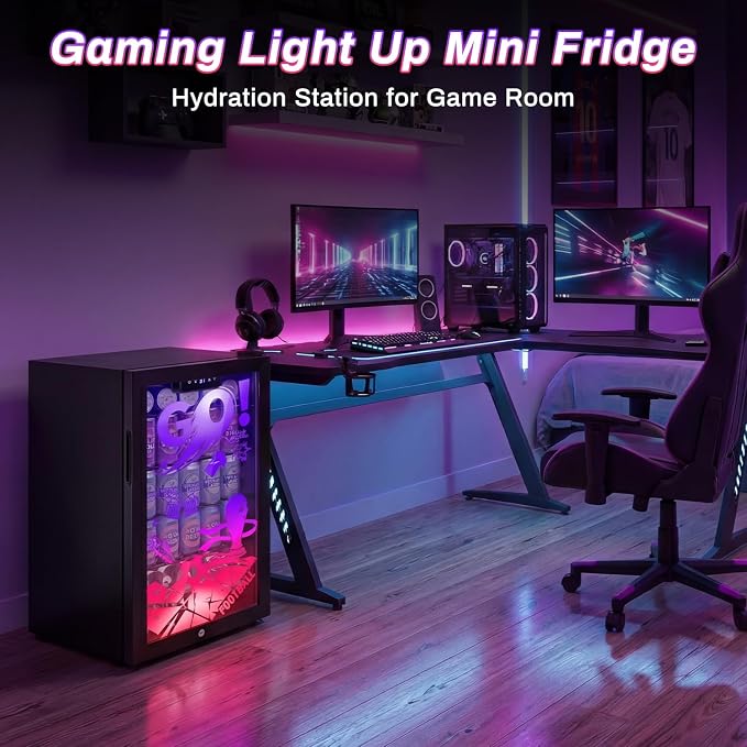 Velivi Gaming Mini Fridge with Led Lights, 3.2 Cu Ft Gaming Light Up Glass Door Beverage Refrigertor Small Lockable Drink Cooler For For Soda Beer, Cyberpunk Gaming Rooms Bar Home Party | 3.2 Cu Ft Small Lockable Drink Cooler For For Soda Beer, Cyberpu... - Image 8