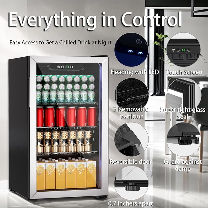 Compact 105 Can/3.0 Cu.Ft Mini Fridge For Soda, Beer Or Wine | Portable Small Beverage Refrigerator Cooler With Digital Display&Removable Shelves &Reversible Glass Door, Office, Dorm, Bar - Image 3