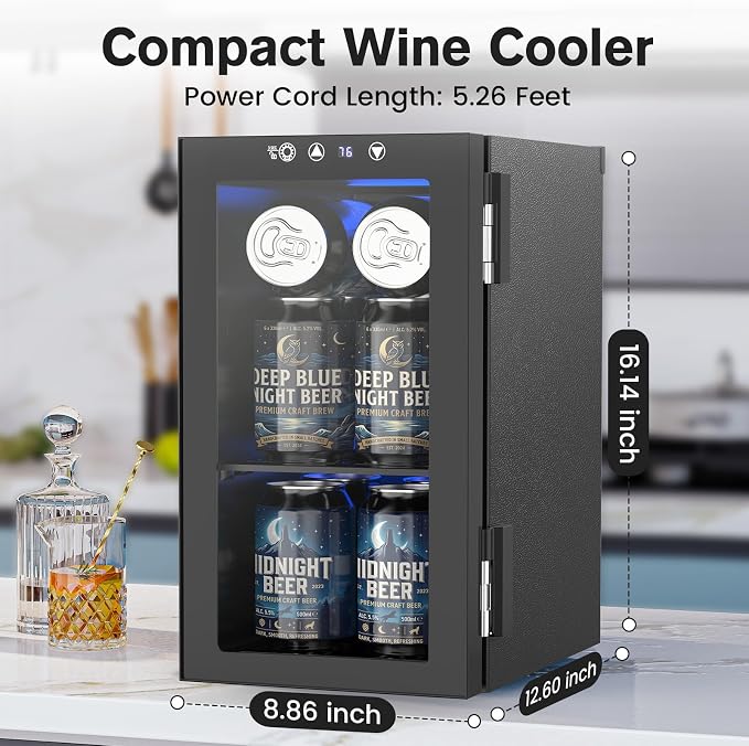 Electactic Wine Fridge Freestanding Counter-top, 12 Cans Wine Cellar Drink Cooler for Soda, Canned Beer, Adjustable Digital Temperature Control for Home Dorm Office, Black - Image 4