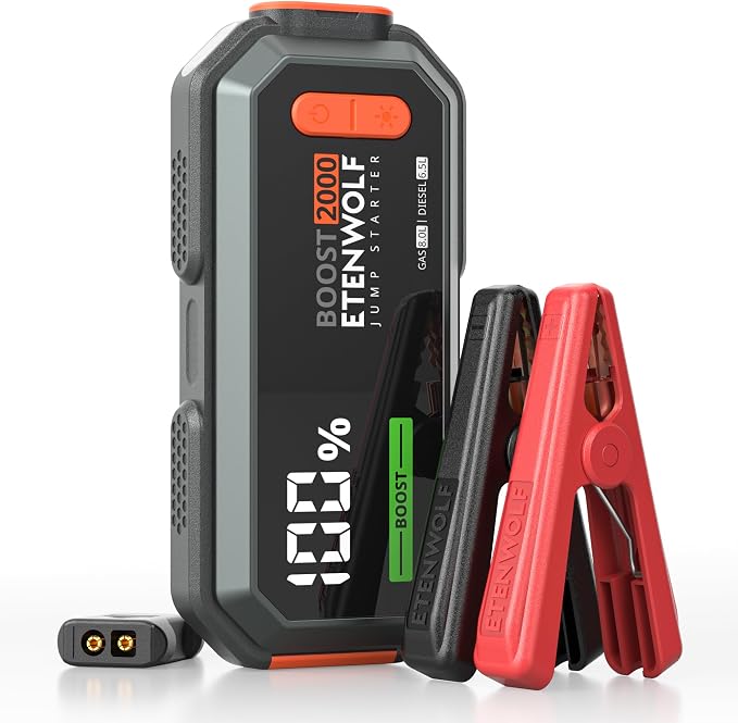 Car Battery Jump Starter Portable, 2000A Peak Jump Box- 12V Car Jump Starter for up to 8.0L Gas and 6.5L Diesel Engines, USB-C Portable Battery Jumper with Jumper Cable, Power Bank, LED Light by ETENWOLF