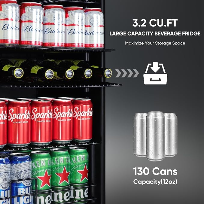 3.2 Cu.Ft Beverage Refrigerator, 130 Can Mini Fridge with Glass Door & Digital Temperature Control, Compressor Cooling Freestanding Cooler for Soda, Beer, Wine, Home, Office & Bar - Black - Image 2