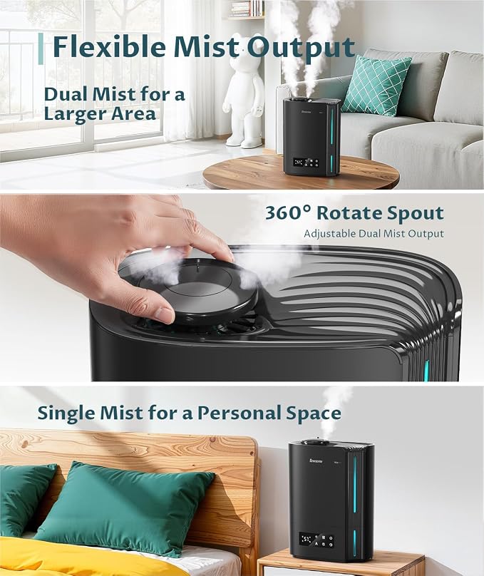 BREEZOME 6L Humidifiers for Bedroom Large Room & Essential Oil Diffuser, Ultrasonic Top Fill Cool Mist Humidifiers for Baby, Plants, Nursery Last up to 60 Hours, Smart Humidistat Control, Quiet, Black - Image 6