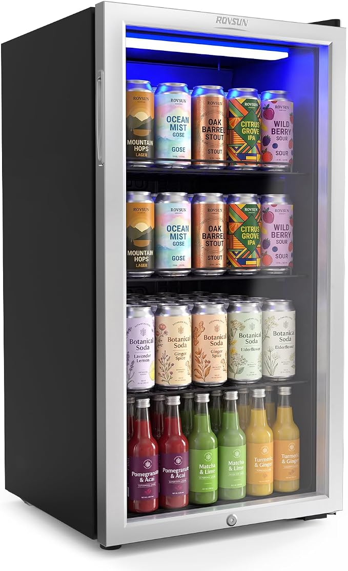 ROVSUN 3.3 Cu.Ft. Beverage Refrigerator Cooler with Double Layer Glass Door & Adjustable Shelf, Beverage Fridge for Home Office Bar, Quiet Mini Fridge Cooler w/Lock for Soda Wine Beer, 32-50°F, Black by ROVSUN