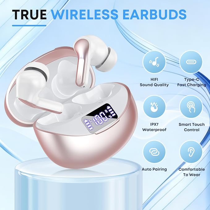 Wireless Earbuds, Bluetooth 5.4 Headphones HiFi Stereo 50H Playback LED Digital Display Ear Buds with ENC Noise Canceling Headset, IPX7 Waterproof Earphones for Gym/Running/Work(Rose Gold) - Image 2