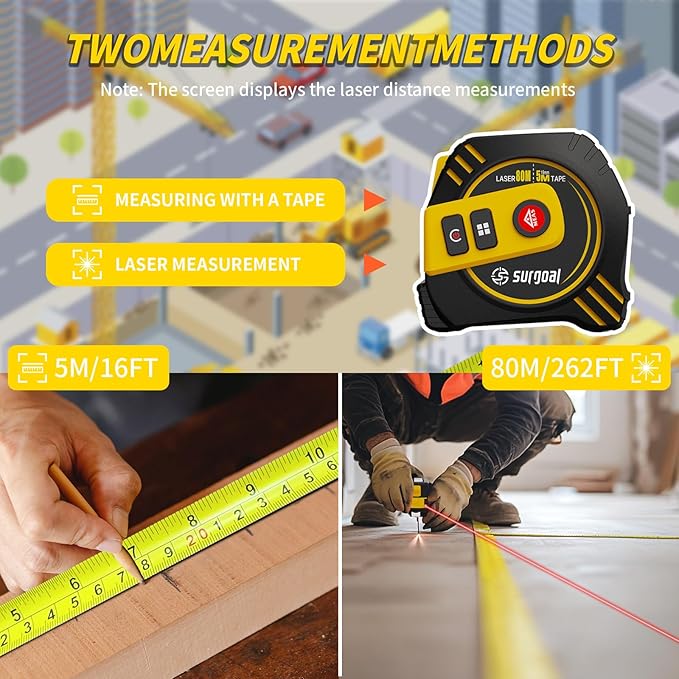 2-in-1 Laser Tape Measure 262ft Rechargeable Digital Tape Measure - Image 2