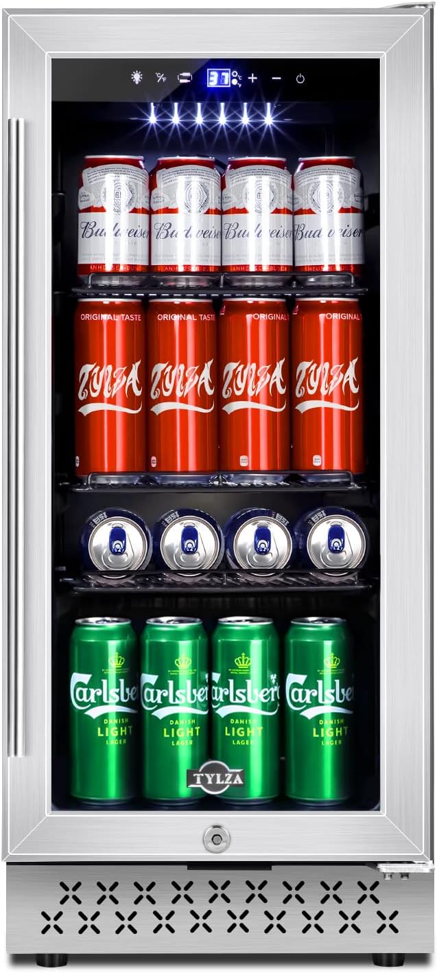 15" Beverage Cooler 130 Can Quiet Compressor Fridge | Quiet < 38dB, fast stable cooling, temp memory, glass door lock, built-in/freestanding by TYLZA