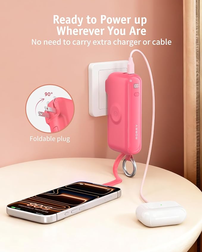RORRY Flow Portable Charger, 10000mAh 40W Fast Charging Power Bank with Built-in USB C Cable and Foldable Wall Plug, Battery Pack Travel Essentials for iPhone 17/16/15, Apple Watch, iPad, MacBook - Image 6